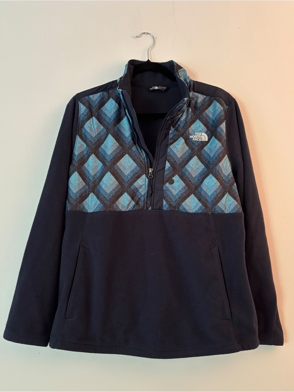 The North Face Womens Fleece Pullover XL Navy Blue Geometric Print Half Zip Snap